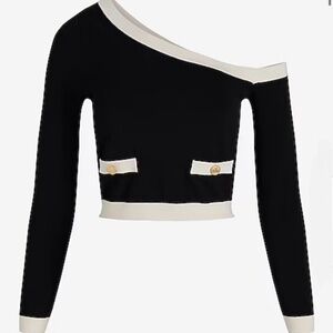 tipped off shoulder novelty button cropped sweater